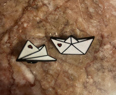 New Set of 2 Origami Enamel Hat Pins Paper Plane and Boat Heart