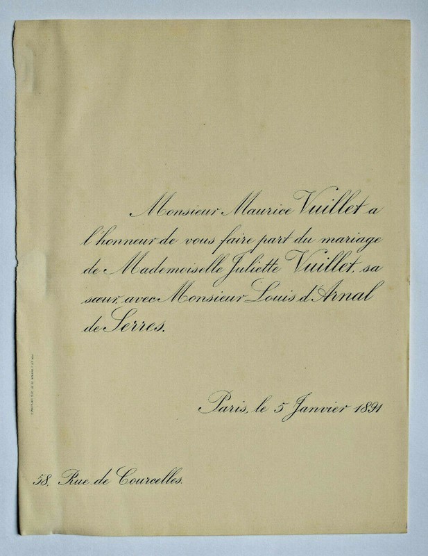 Juliette Vuillet Louis D Arnal De Serres Faire Part Mariage 1891