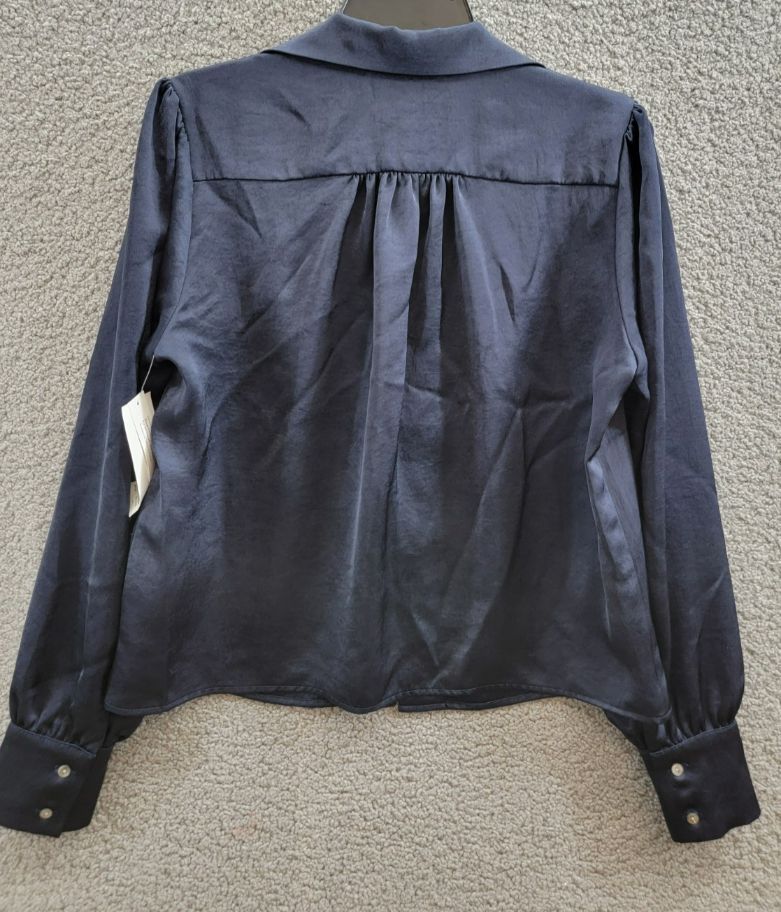 Karen Kane Shirred Blouse Women's M Navy Solid Collared Long Sleeve Button Front - Picture 10 of 18