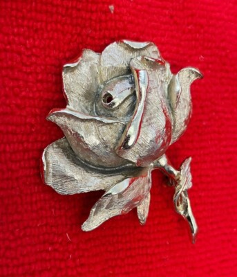 Brushed Silver Tone Rose Blossom Brooch - Vintage