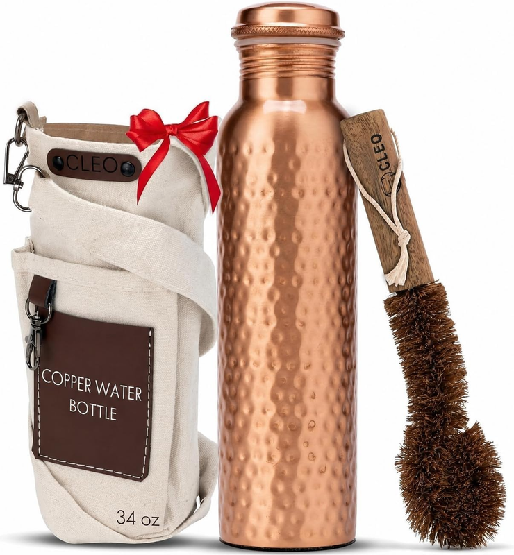 CLEO Pure Copper Water Drink Bottle 1L (34 Oz) with 2 Pocket Canvas Bag