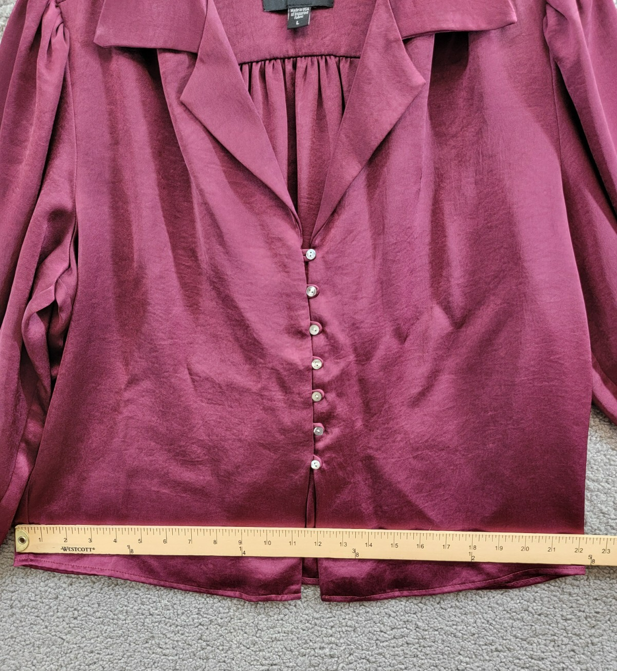 Karen Kane Shirred Blouse Women's L Wine Solid Collared Long Sleeve Button Front - Picture 8 of 16