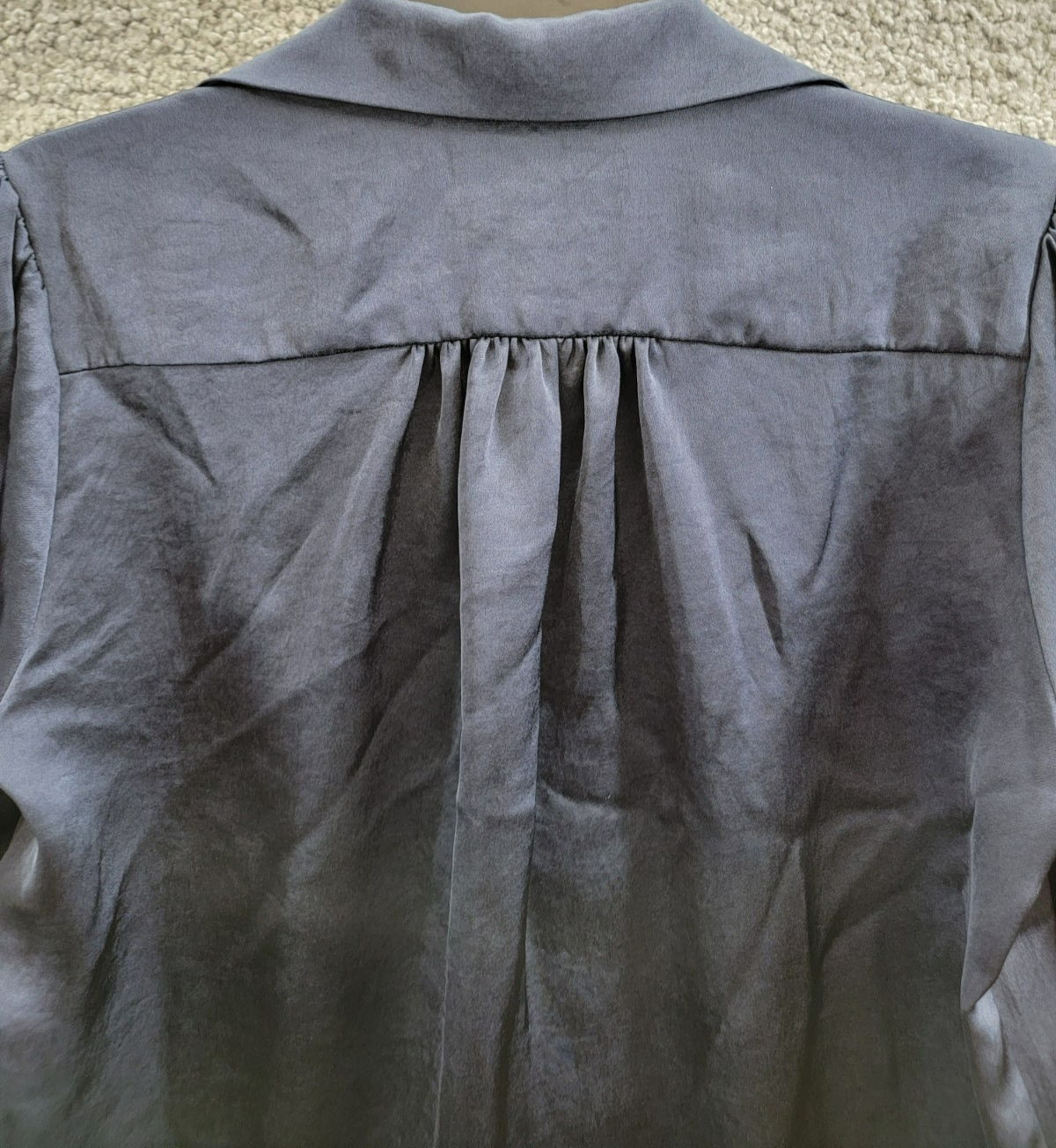 Karen Kane Shirred Blouse Women's M Navy Solid Collared Long Sleeve Button Front - Picture 11 of 18