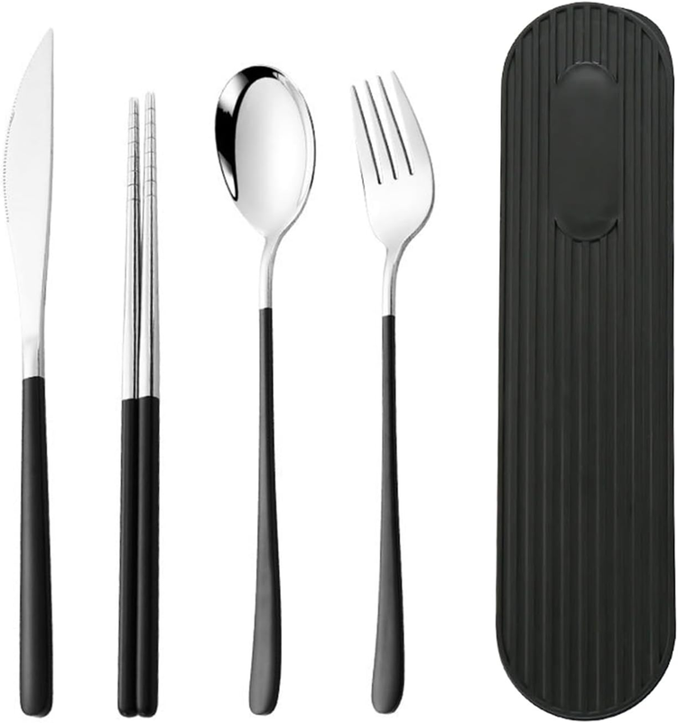 Portable Travel Utensil Set with Case – Reusable 410 Stainless Steel Cutlery Set