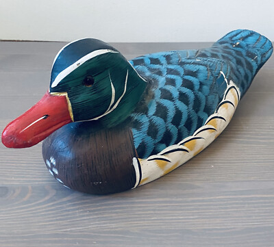 Vintage Solid Wood Carved Duck Decoy Hand Painted Folk Art Red Bill 12 L 5 H