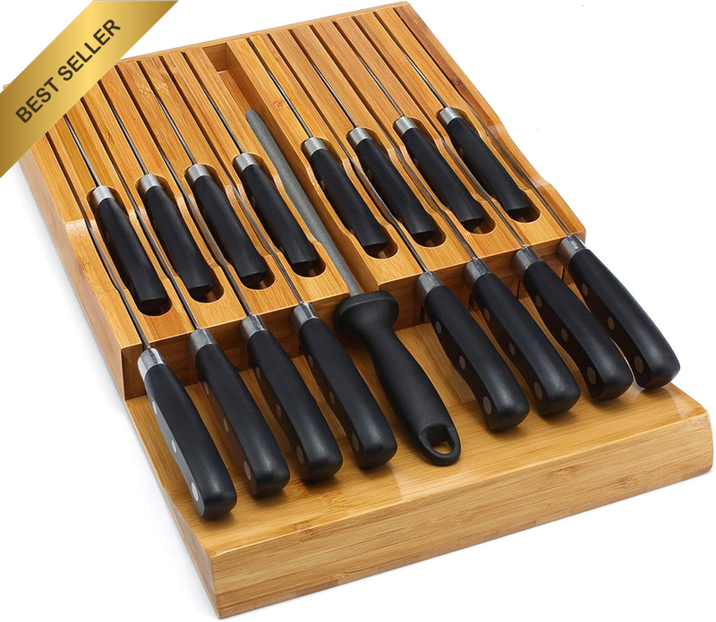 In-Drawer Knife Block,Bamboo Knife Drawer Organizer Insert, Kitchen Knife Drawer