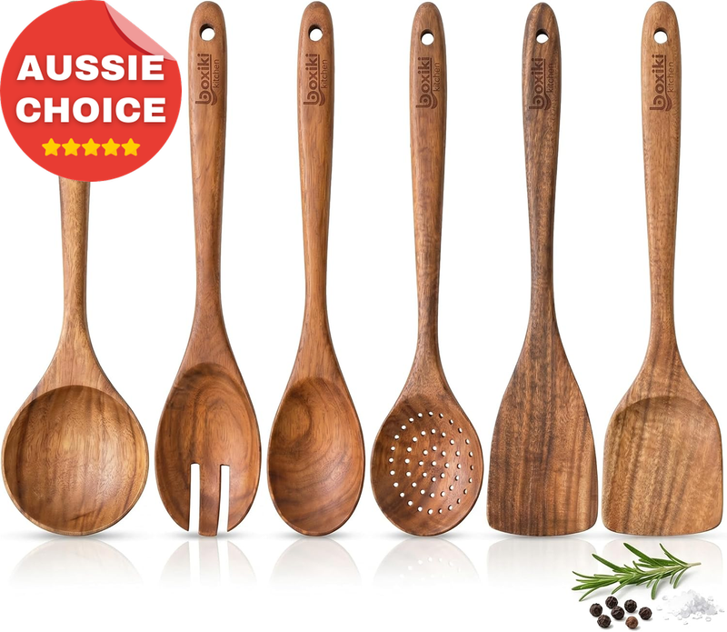Luxury Teak Wood Utensil Set 6-Piece Cooking Tools Spoons Server Scraper Spatula