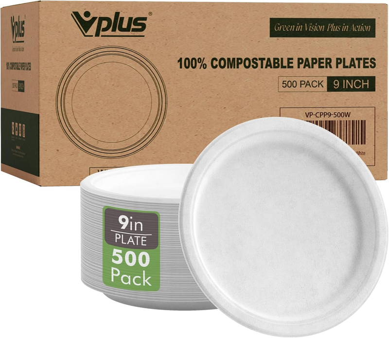 500 Pack Paper Plates 9 Inch 100% Compostable, Heavy-Duty Disposable Paper Plates Bagasse Natural Biodegradable Eco-Friendly Sugarcane（White）