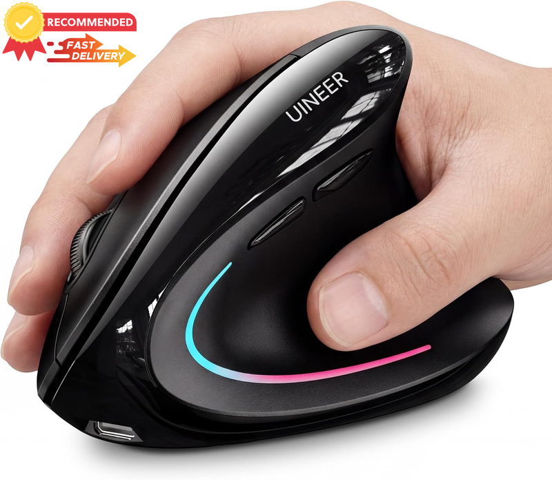 Ergonomic Wireless Vertical Mouse, Bluetooth 5.0, Rechargeable, Tri-Color Lights