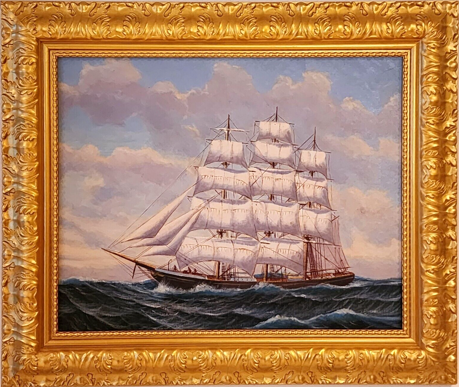 Painting Ornate Gold Frame Seascape Sailing