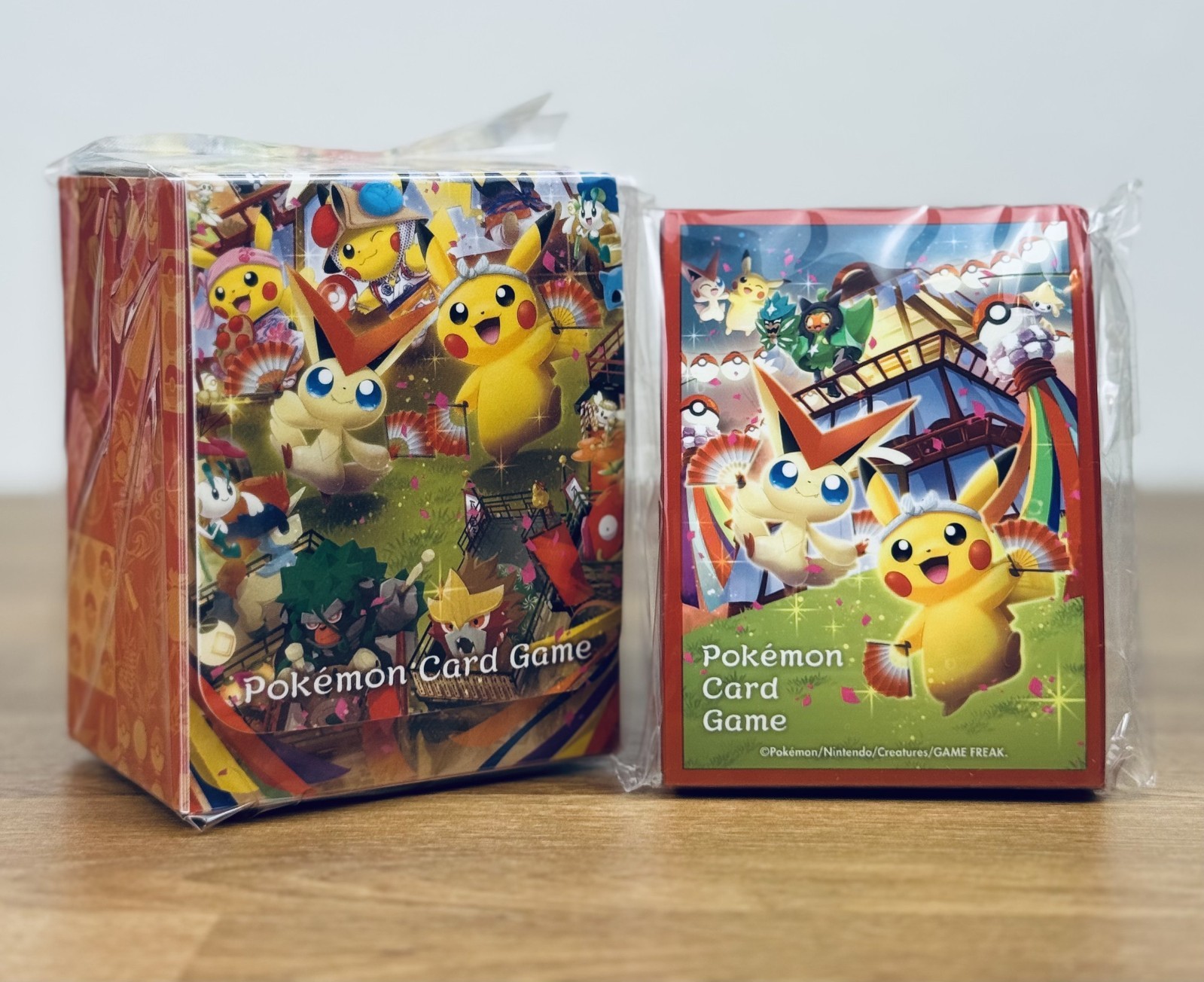 Pokemon Center Tohoku Pikachu & Victini Deck Box + Card Sleeves