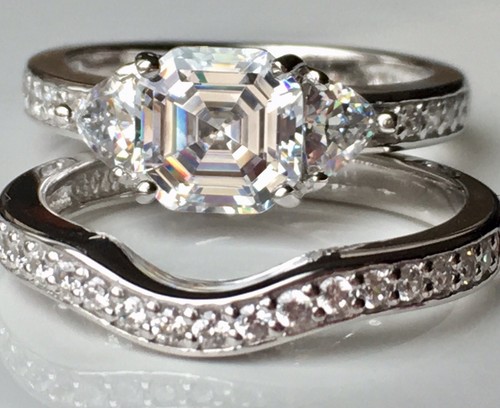 Diamonique 2.90 cttw Asscher Bridal Ring Set, Platinum Clad SZ 8 Brand NEW