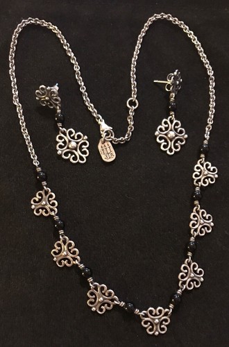 JAMES AVERY RETIRED ONYX FILIGREE NECKLACE & EARRINGS SET STERLING SILVER