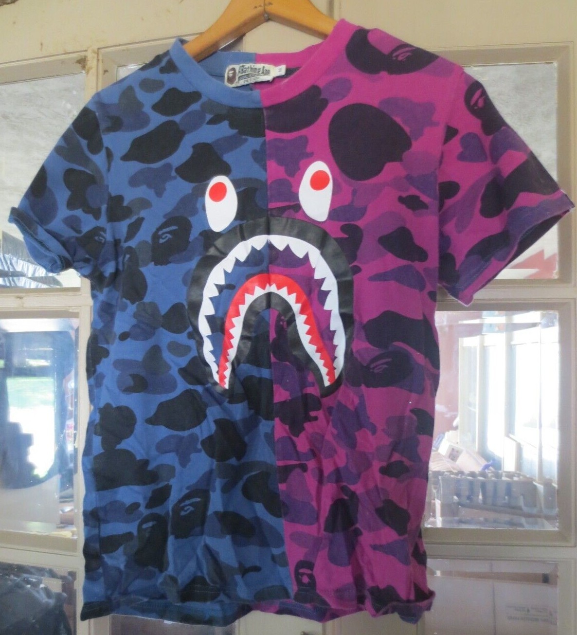 BAPE A Bathing Ape WGM Shark Jaw Camo T Shirt Blue Purple size M | eBay