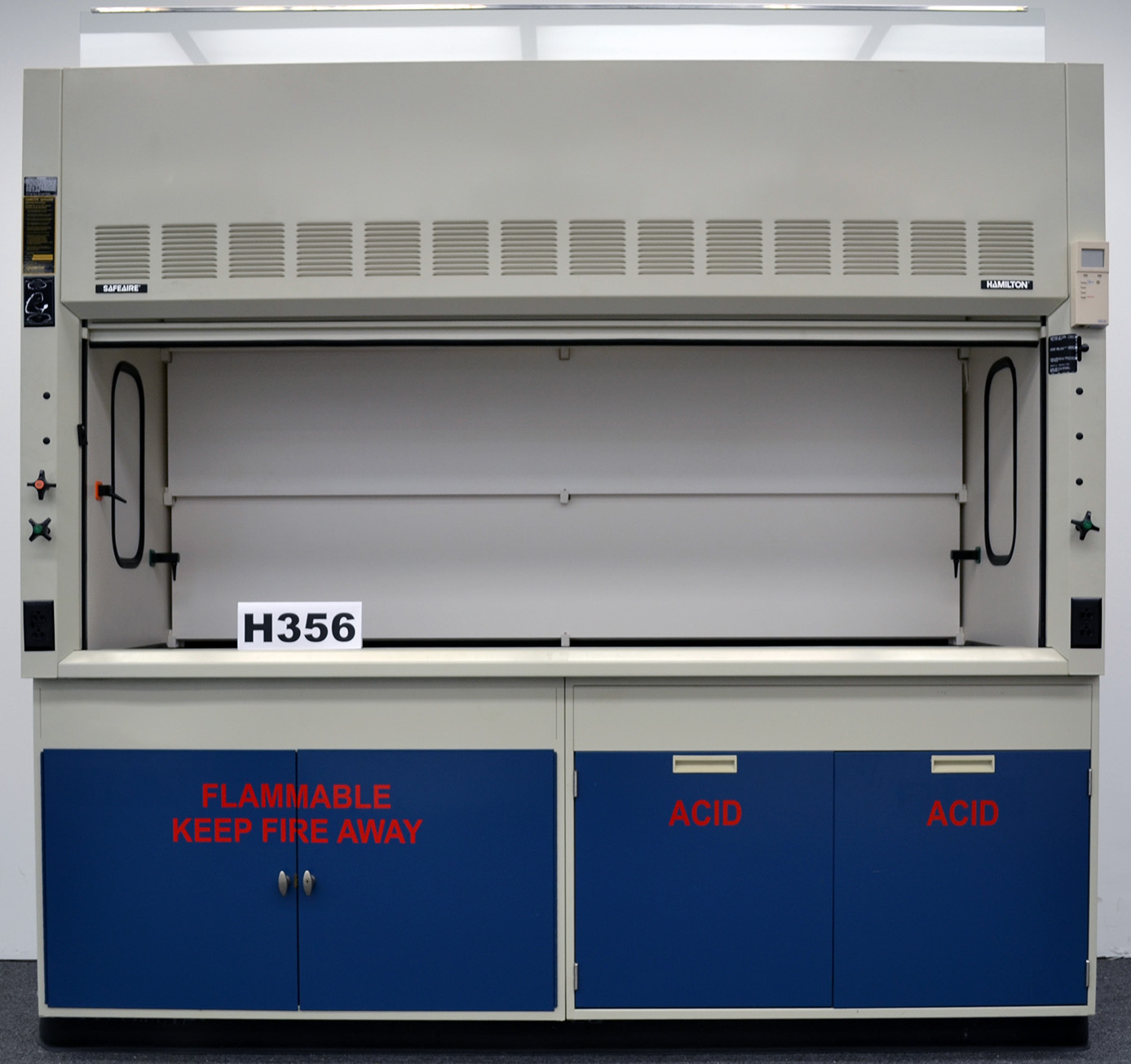 Used 8FT Safeaire Fume Hood & Flammable & Acid Cabinets Stock#H356  Hamilton