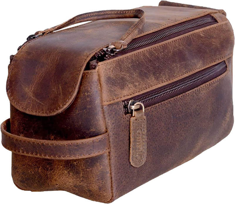 Premium Buffalo Leather Toiletry Bag for Men & Women with Water Resistant Lining