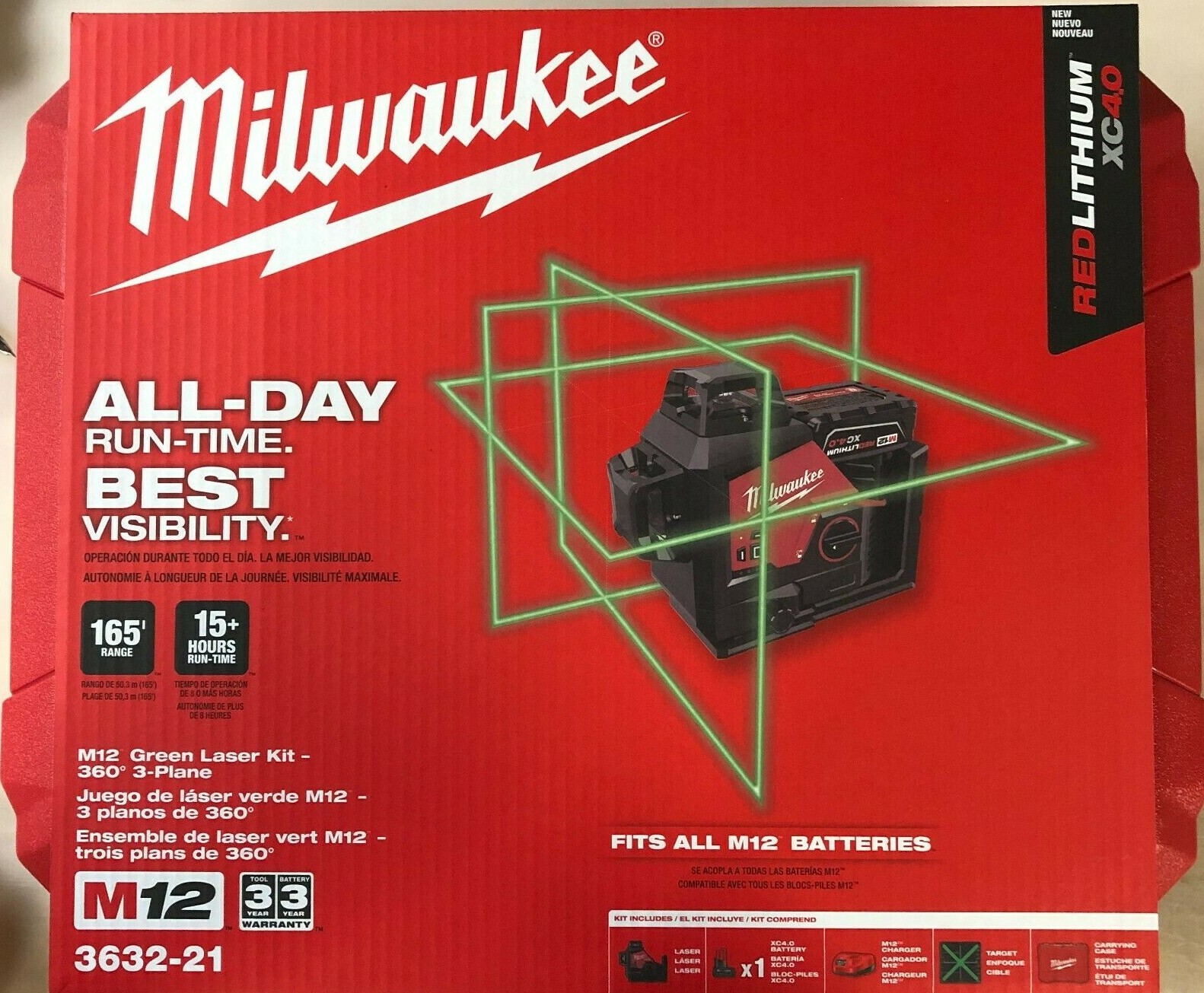 Milwaukee 3632-21 M12 360 degree 3 plane Green Laser kit New