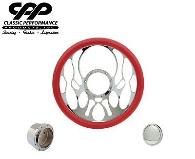 CPP TORCH CHROME BILLET 14'' STEERING WHEEL RED LEATHER 1/2 WRAP HUB HORN KIT