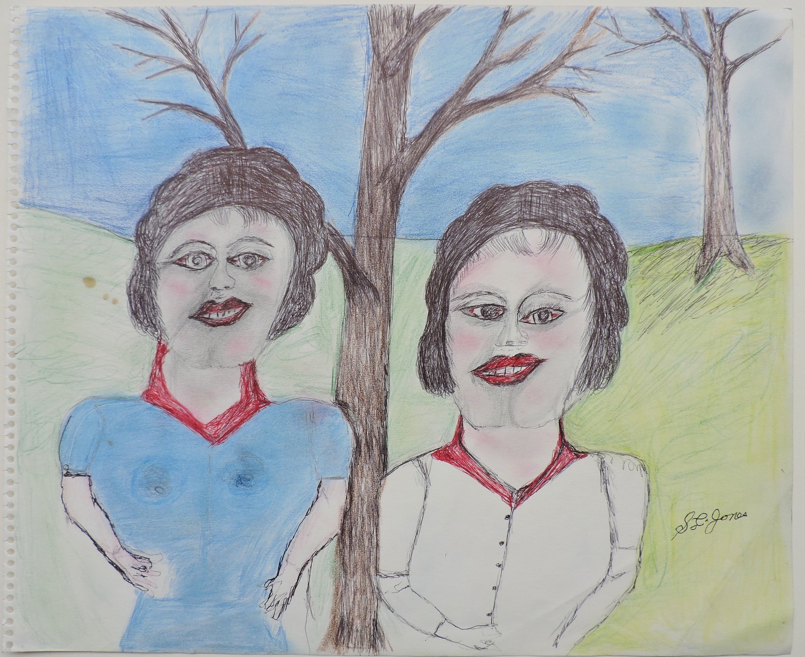 Shields Landon Jones (1901-1995) Folk Outsider Art Portrait Drawing