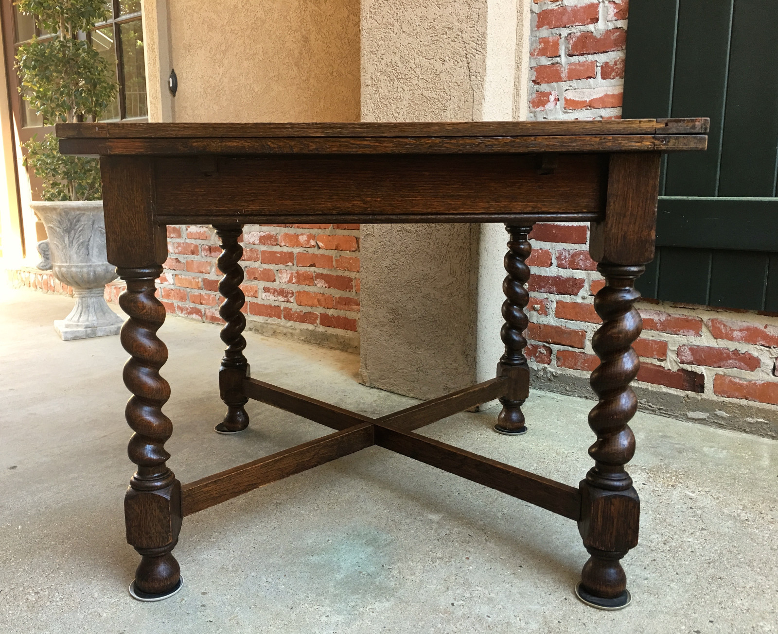 Antique English Carved Tiger Oak BARLEY TWIST DINING TABLE Draw Leaf Jacobean