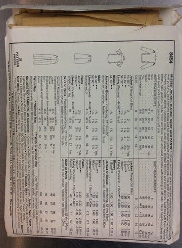McCalls Pattern 8454 Jacket Blouse Skirt Pants Miss Size 12 Bust 34 Uncut
