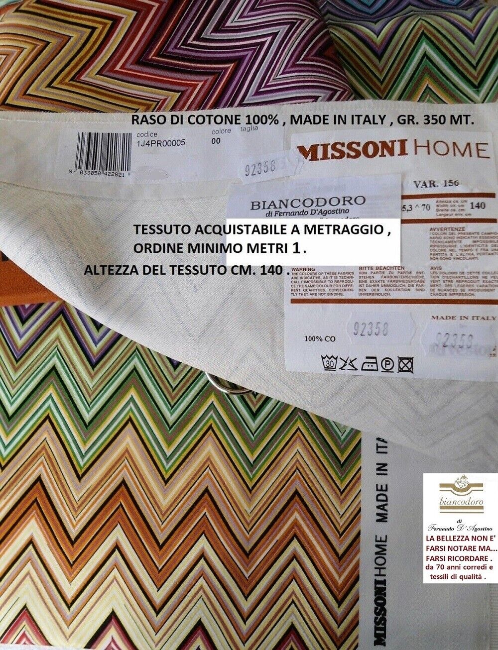 MISSONI Fabric Length, Height CM 140, 100% Rasone Pure MISSONI Fabric Length, Height CM 140, 100% Rasone Pure