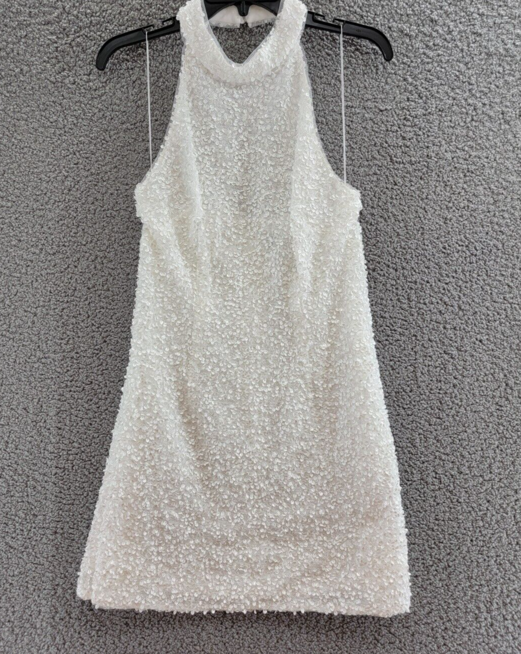 Liv Foster Sequin Halter Mini Dress Womens 10 Ivory Open Back Button Zip Closure - Picture 2 of 18