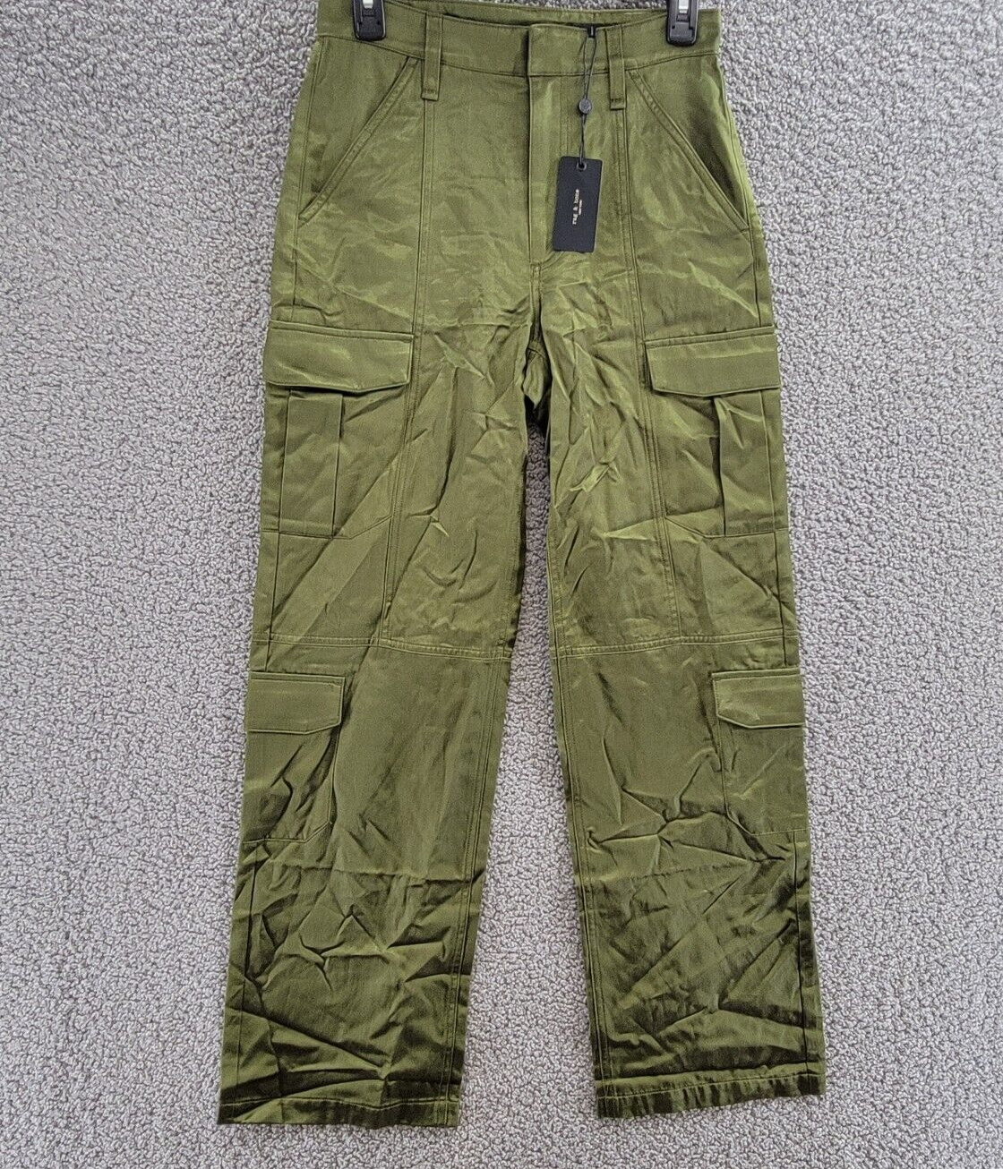 rag & bone Cailyn Satin Cargo Pants Women's 23 Army Green Straight Button Zip - Picture 2 of 18
