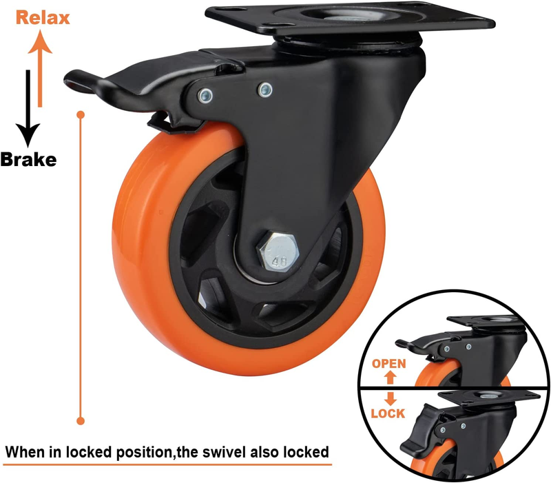 Casters, 4" Caster Wheels，Casters Set of 4 Heavy Duty -  Orange Polyurethane Cas