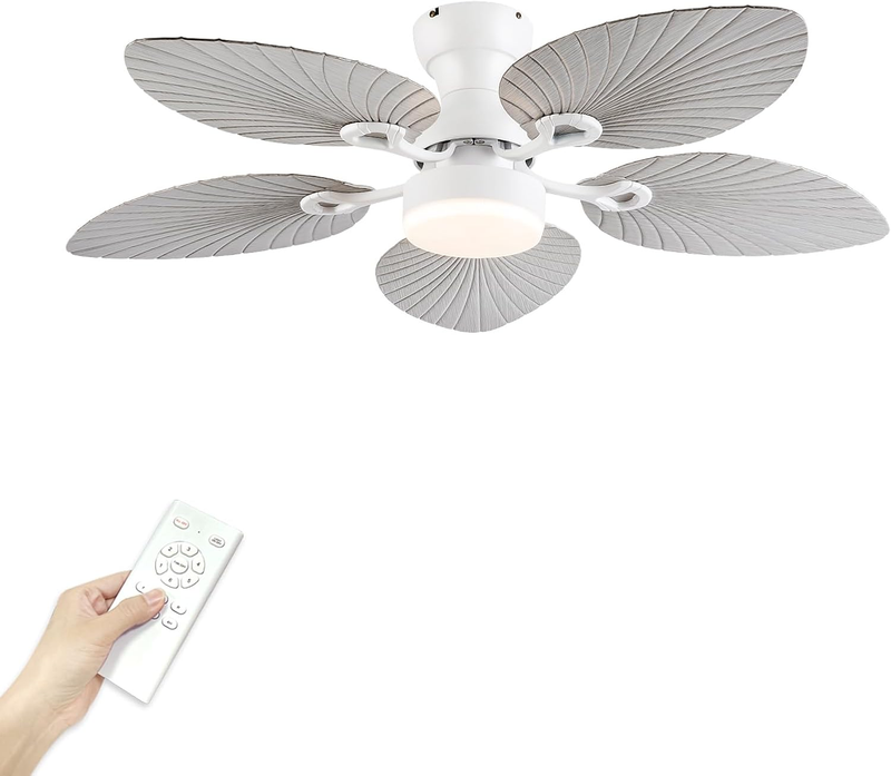52Inch Palm Leaf Ceiling Fans with Light Outdoor Tropical Ceiling Fans with Remote Timer Hand Carved 5 Blades DC Reversible Noiseless Motor 6 Speeds Ceiling Fan for Patios Living Room and Bedroom