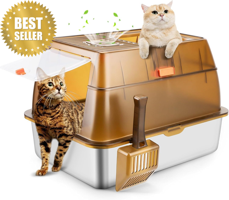 Enclosed Stainless Steel Cat Litter Box with Lid, Extra Large Litter Box for Big
