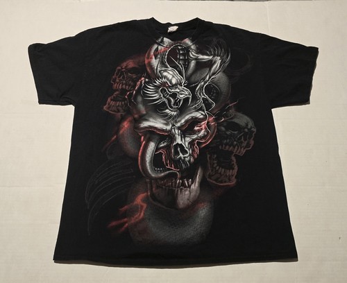 Vintage Goth Rock Skull Dragon Grunge Red And Black Smoke T