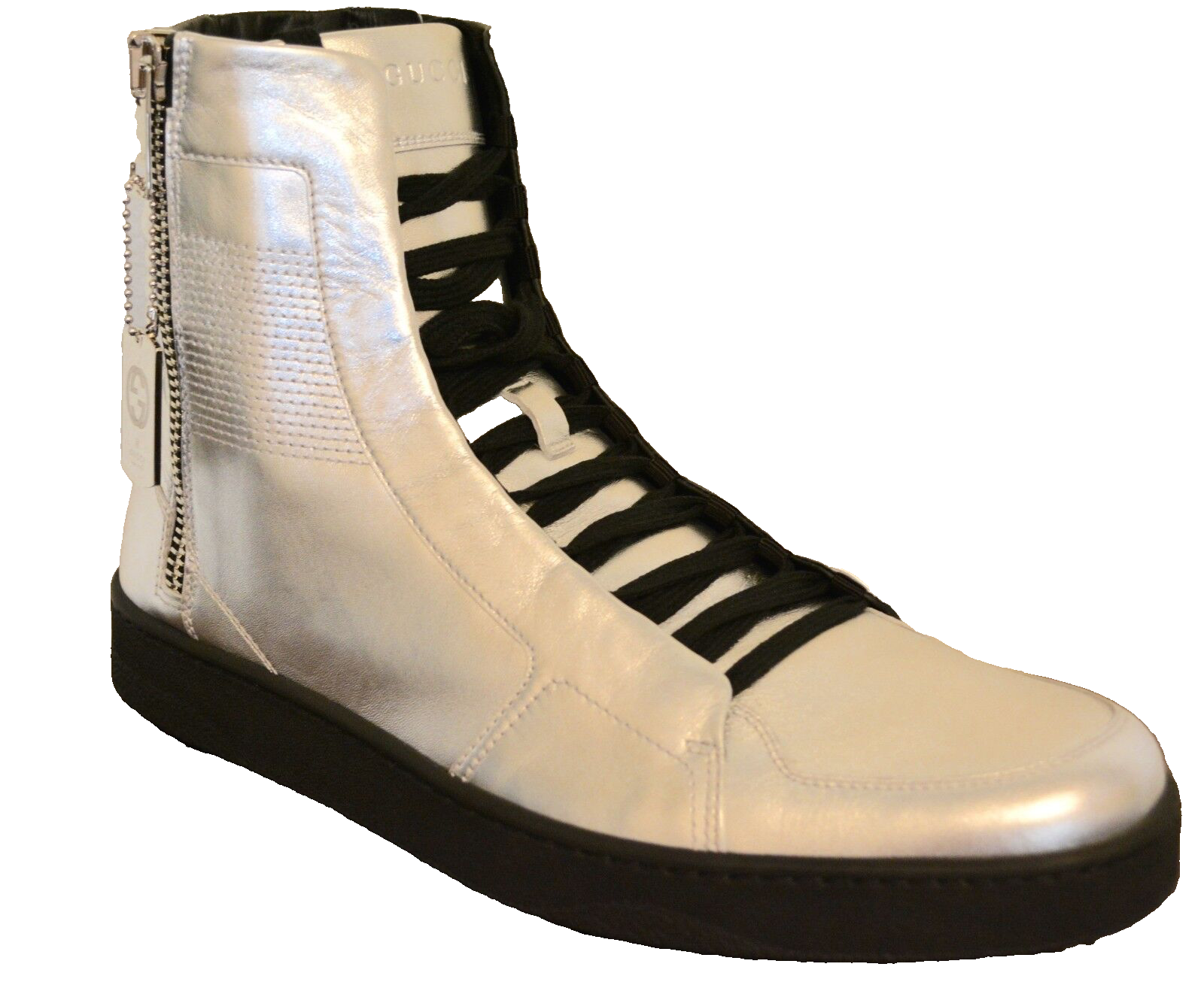 Pre-owned Gucci Mens Hitop Leather Silver Metallic Sneakers Us 9 Eu 42.5