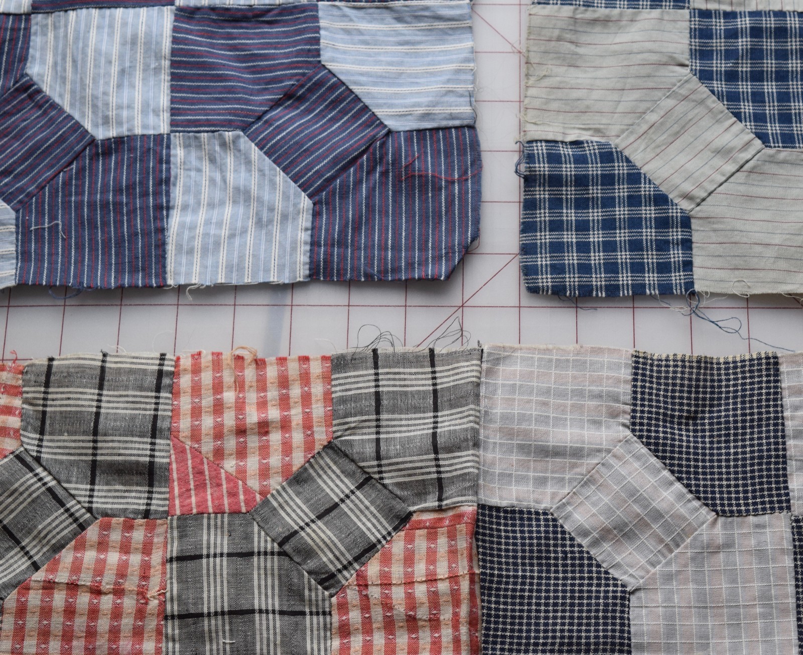 4 antique 1900-1920 Double Bow Tie quilt blocks, thread dyes, handsome!