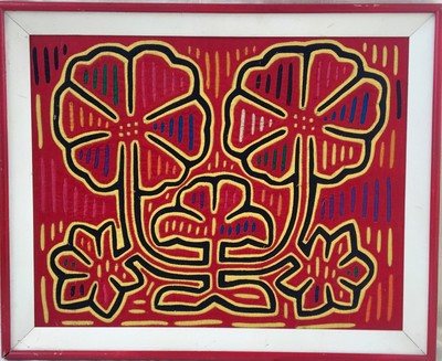 Vintage Framed Hand Sewn Fabric Mola - Panama Folk Art - Flowers