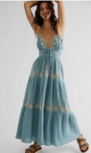

Платье макси с лямкой на бретельках Free People Real Love с вышивкой, многоярусное платье со свободной талией, цвет цвета морской волны, НОВИНКА, Aqua