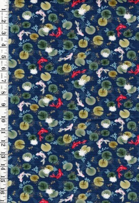 Japanese-Kasumi Small Colorful Koi & Lily Pads-MU-045-B8-Navy - By the Half Yard