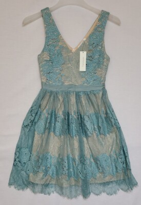 Francesca's Teal Lace Overlay Sleeveless Skater Dress Eyelash Hem Size XS (Q3)