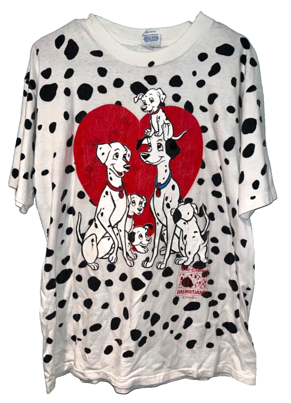 ★WAIKEI★ Vintage Dalmatian Archive Short Sleeve T-Shirt Wh 101 Dalmatians Vintage T-Shirt Walt Disney XL 1980s All Over