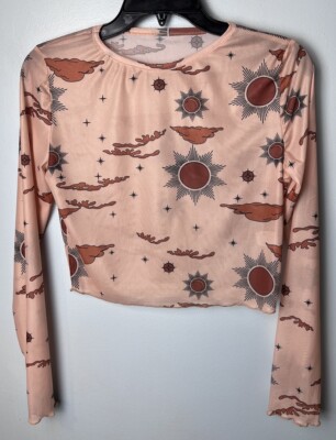 Y2K 90s Mesh Metal Rave Dance Long Sleeve Grunge Goth Emo Western Print L