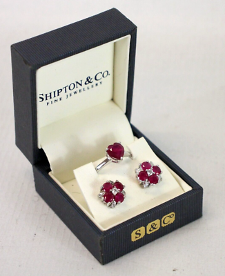 925 Silver SHIPTON CO Red Stone Flower Heart Earring Ring Set