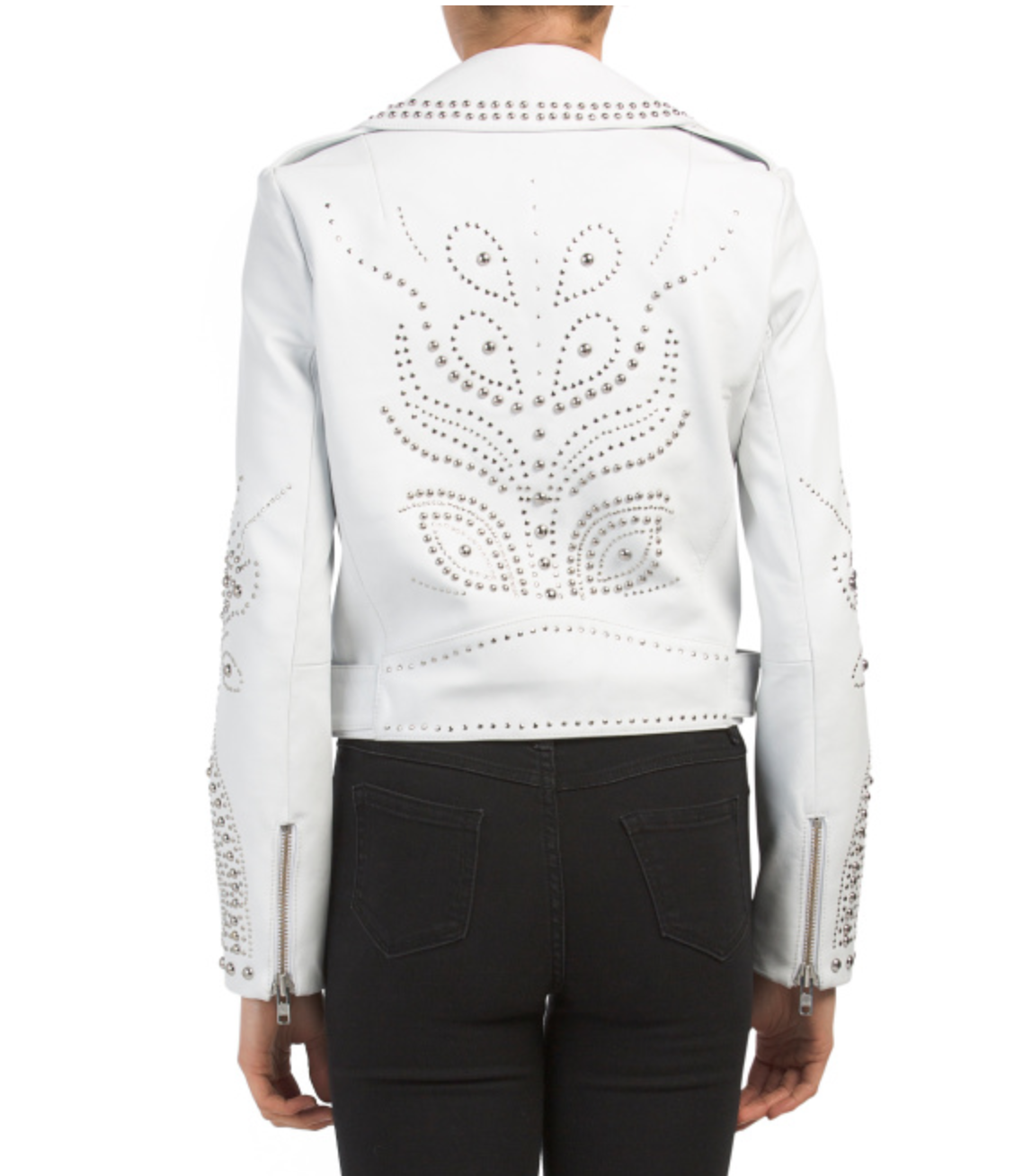 Pre-owned Belle Vere Studded Embellished Leather Moto Jacket White Size Xs S M Or L
