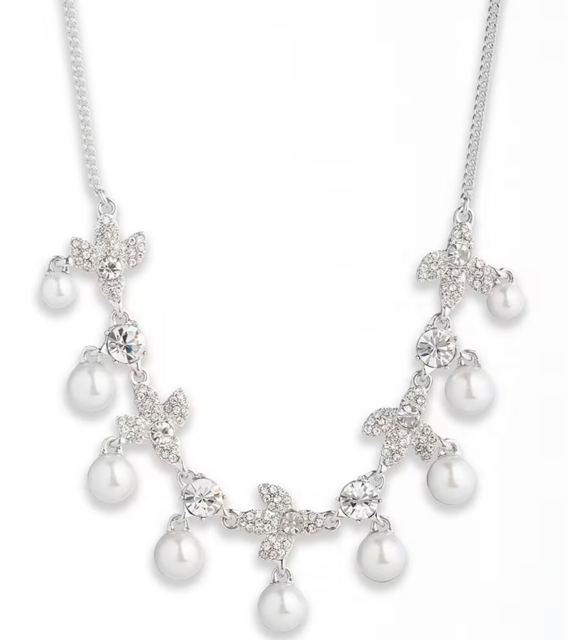 Givenchy Silver Tone Crystal White Faux Pearl Collar