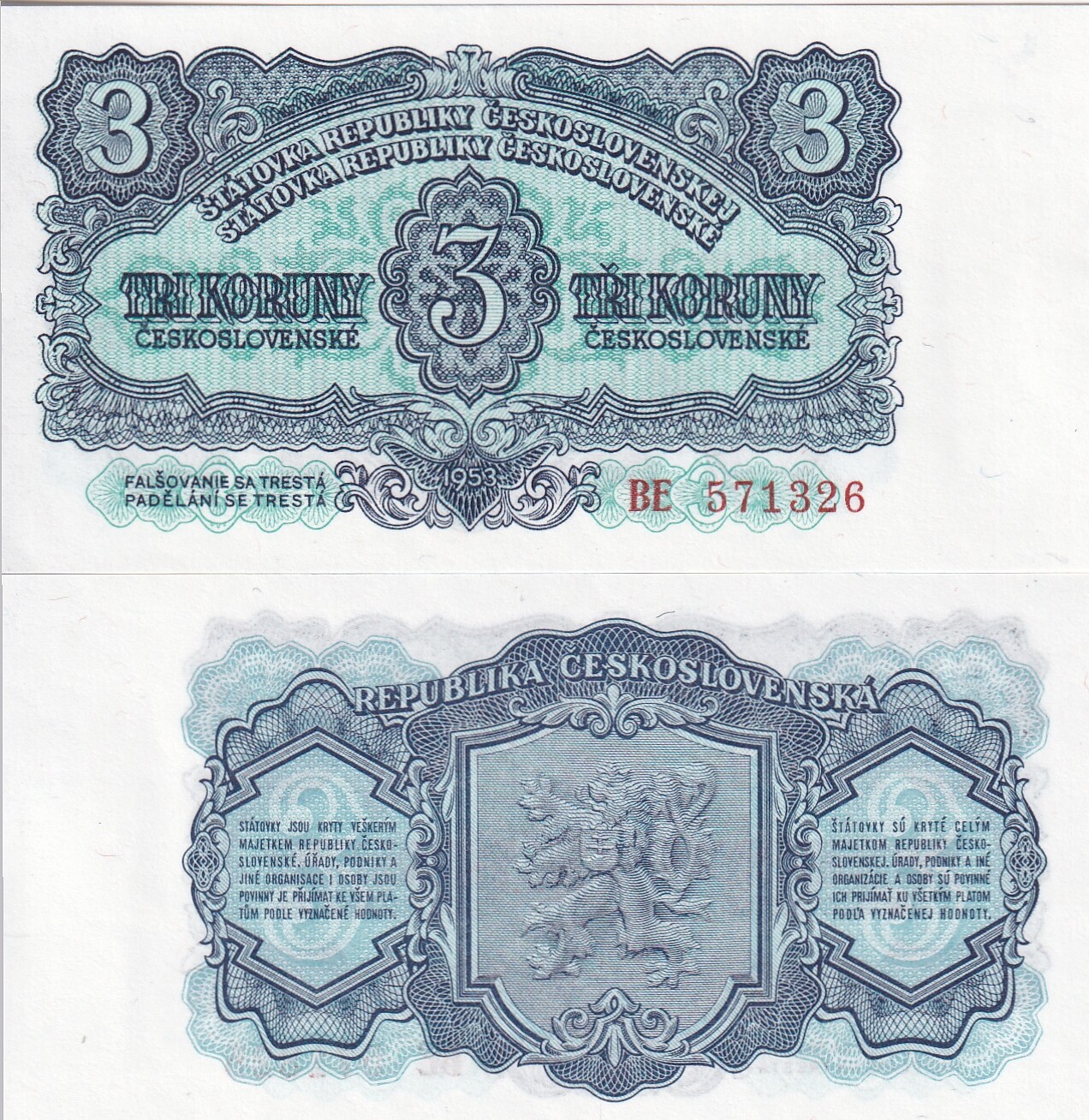 Czechoslovakia 3 Koruny 1953 P 79 a UNC