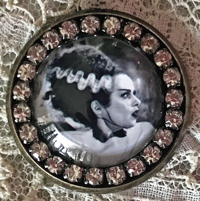 BRIDE OF FRANKENSTEIN Glass Rhinestone BROOCH Scatter Lapel Pin Vintage Movie