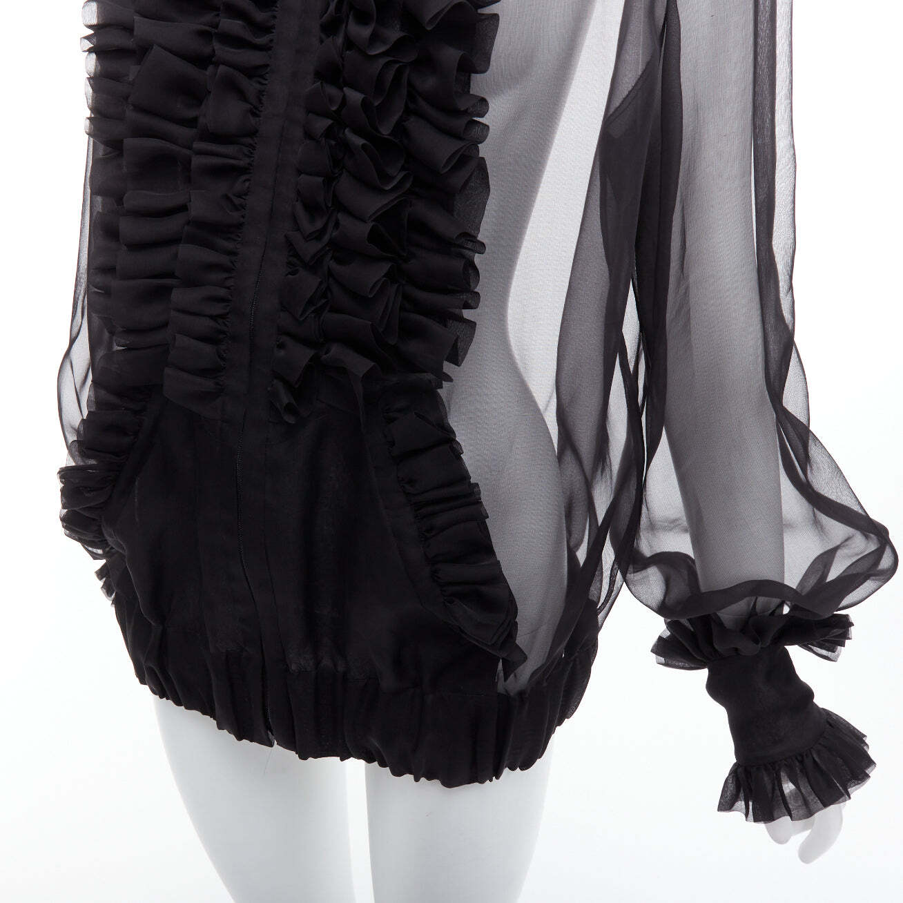 rare CHANEL black sheer silk Victorian ruffle collar zip up rare CHANEL black sheer silk Victorian ruffle collar zip up