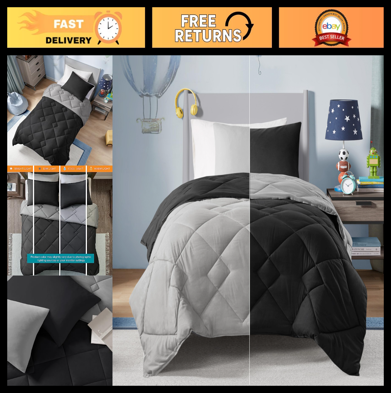 Reversible Geometric Comforter Set - Cozy Down Alternative Bedding, Twin XL, Bla