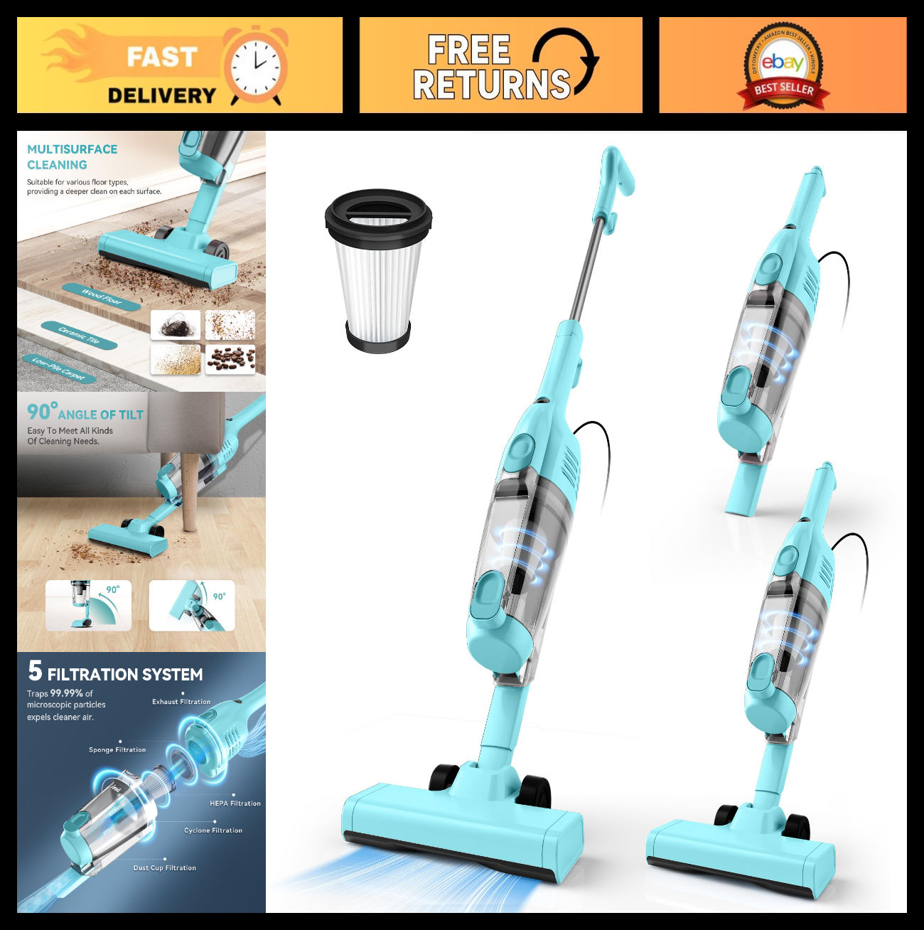 Powerful Corded Stick Vacuum Cleaner, 20Kpa Suction, 16ft Cord, 2-in-1 Handheld