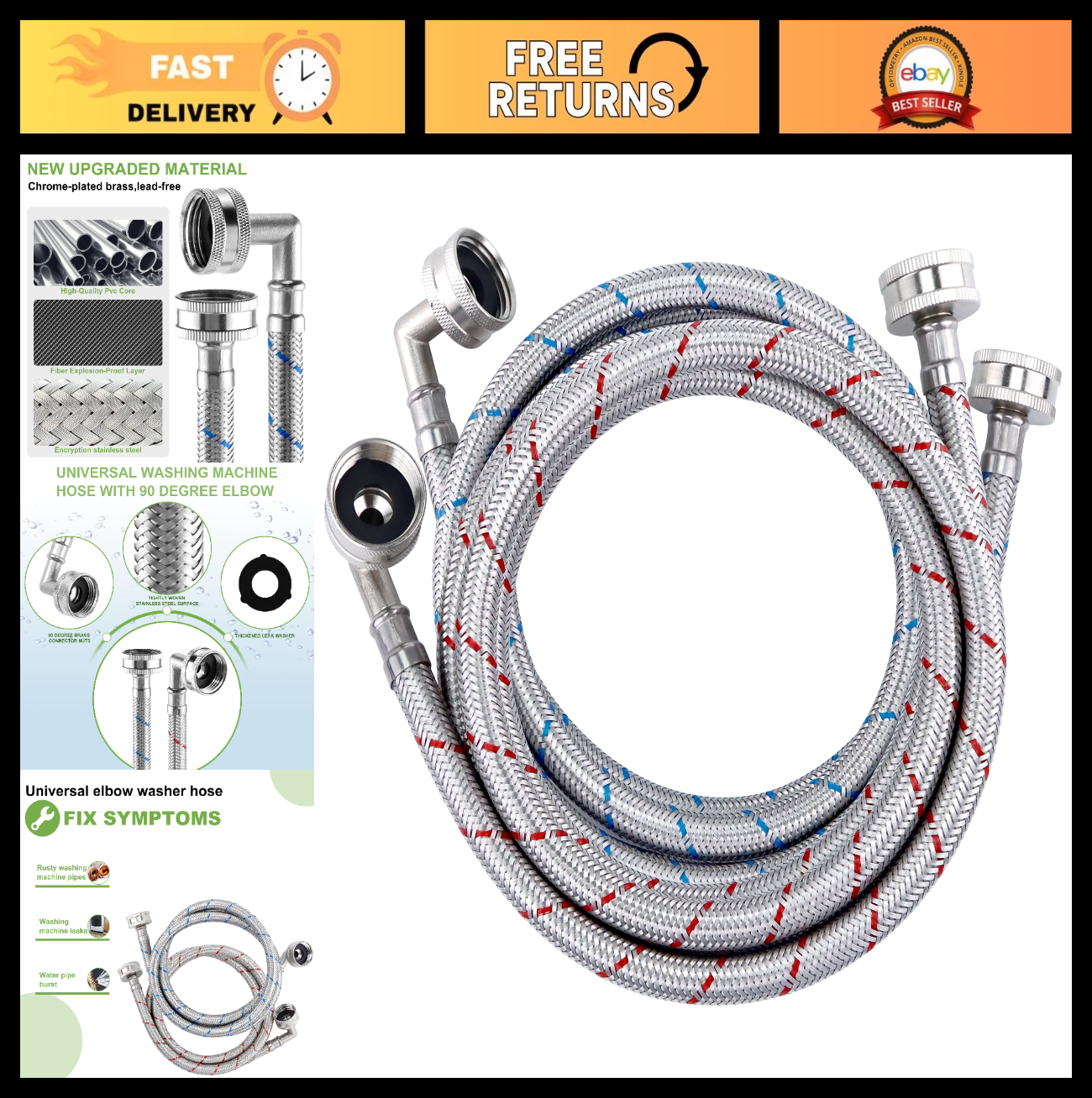6ft Stainless Steel Washer Hose 2-Pack, Braided Supply Lines with 90° Elbows, Ho