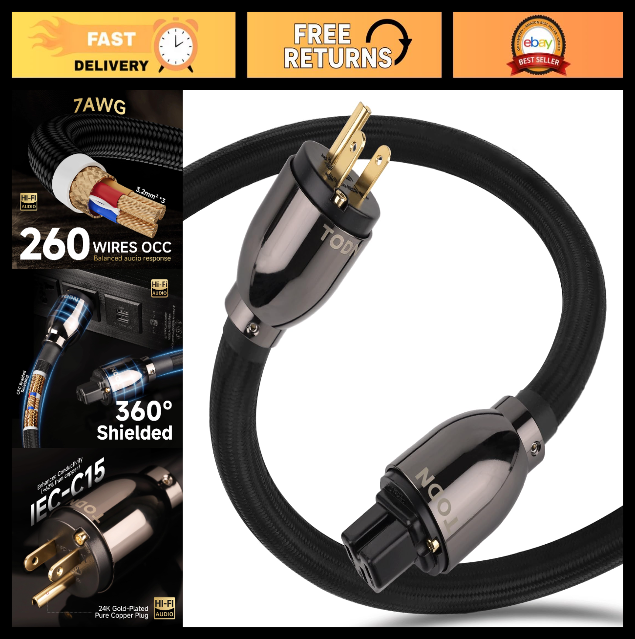 3ft Audiophile Power Cable | High Temp C15 HiFi Cord, 3 Prong NEMA to IEC320, OF